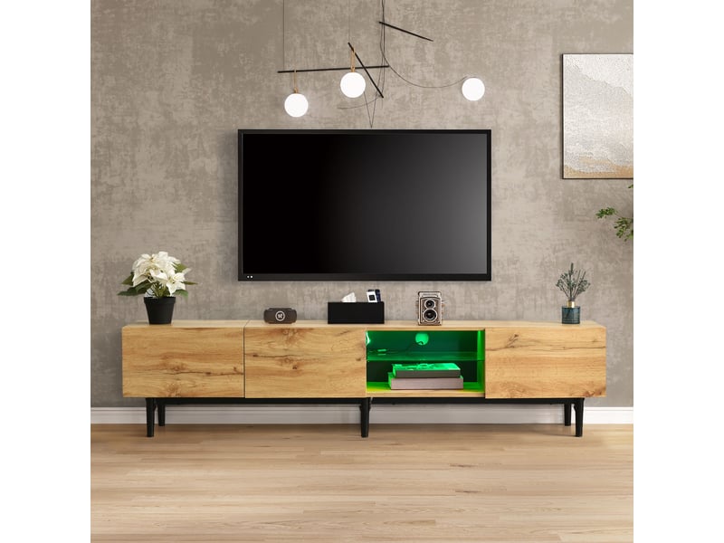 Meuble tv 175 cm – bois clair – led app – 3 portes push‑open - style campagne – bois naturel - buffet bas et table tv moderne - Conforama B