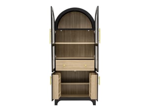 Armoire de cuisine haute - 76 x 40 x 180 cm - noir et bois - vaisselier de rangement avec portes en verre canelé et tiroir