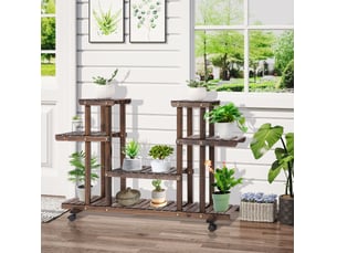 Étagère à plantes 123,5x33x80 cm bois brun foncé, 6 niveaux, sur roulettes pour intérieur et extérieur