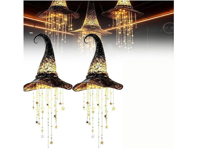 Lot de 2 décoration halloween suspendue, chapeau de sorcière lumineux led pour porche, entrée, jardin et terrasse  - Conforama A