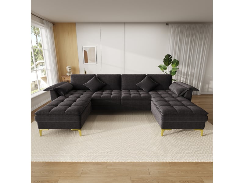  Canapé d'angle modulable en u modenvie 4 places avec 2 méridiennes en chenille noire et pieds en métal doré 262 x 134 x 86 cm  - Conforama D