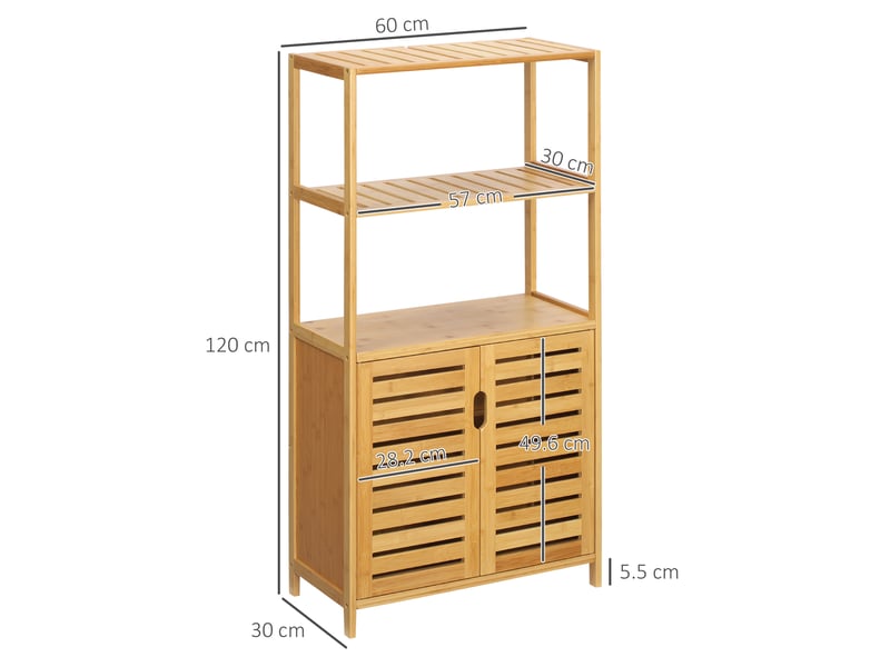  Meuble de salle de bain avec 2 étagères ouvertes et un placard en bambou à 2 portes, 60 x 30 x 120 cm  - Conforama E