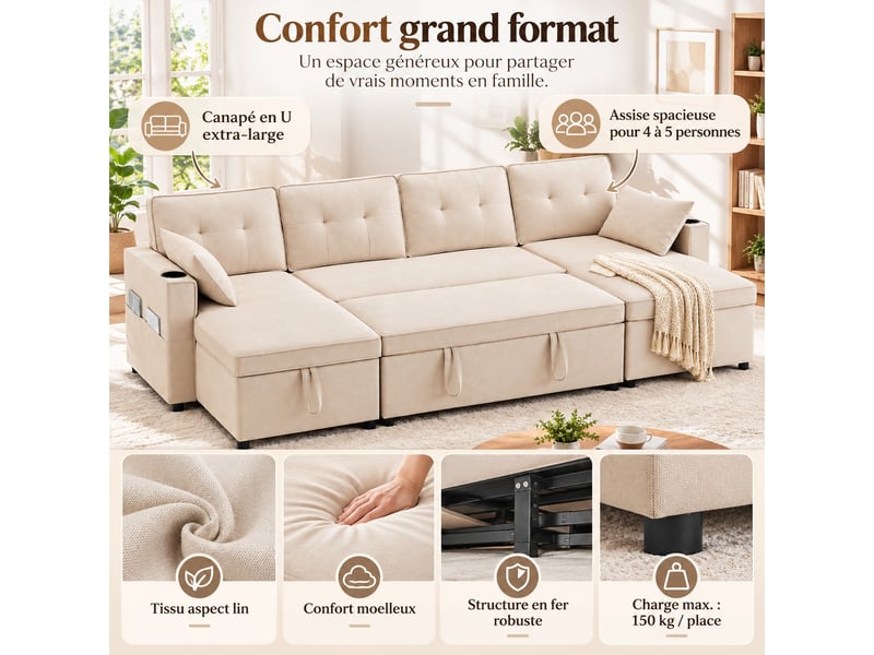 Canapé panoramique convertible 4 places avec coffres, porte-gobelets et poches latérales, tissu beige, 270 × 130 cm  - Conforama E
