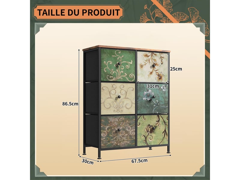  Commode 6 tiroirs, commode de rangement, tissu floral,structure en métal,pour salon, chambre, style bohème,67,5 x 30 x 86,5 cm  - Conforama C