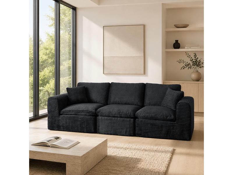  Canapé d’angle modulable 4 places 280 cm, 3-en-1, sans cadre rigide, mousse et ressorts, couchage d’appoint, velours côtelé, bleu foncé Morn Vibe - Conforama C