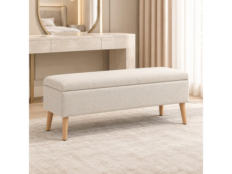  Banc de rangement 110 x 39 x 45 cm beige, polyester aspect lin et piètement en bois d'hévéa  - Conforama D