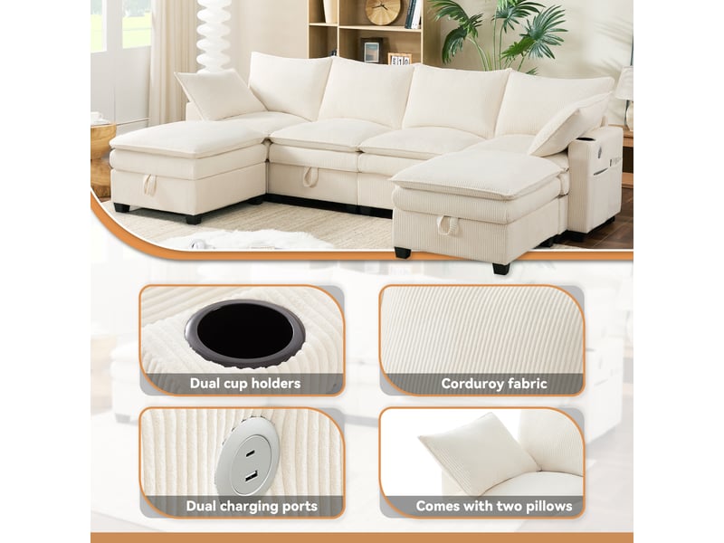  Canapé d’angle en l 6 places 280x152x83 cm avec pouf amovible, usb, rangements et porte-gobelets pour salon petit espace, velours côtelé, beige Sol Morn - Conforama E