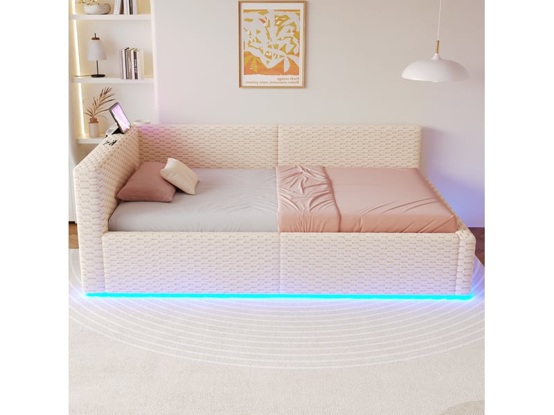  Modenvie lit coffre 90x200 cm - avec led, ports usb et usb-c, rangement hydraulique, sans matelas - beige  - Conforama E