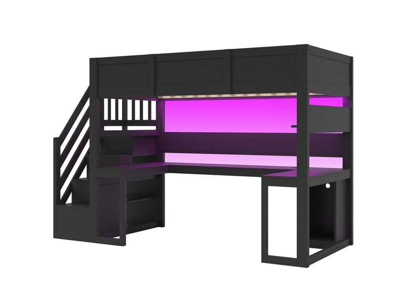 Lit mezzanine gaming 90 x 200 cm noir mdf et contreplaqué, bureau usb led, escalier avec rangements intégrés - Conforama D