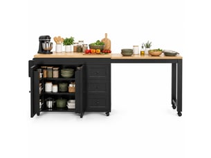 Desserte de cuisine avec 3 tiroirs, placard, étagères latérales et plateau extensible sur roulettes, 116×45×89 cm, noir