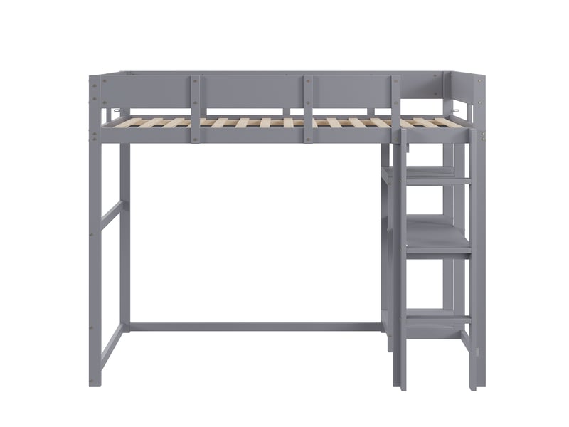 Lit mezzanine 90 × 200 cm 1 place avec étagère et barrières, pour enfant, sans matelas, en bois, gris - Conforama E