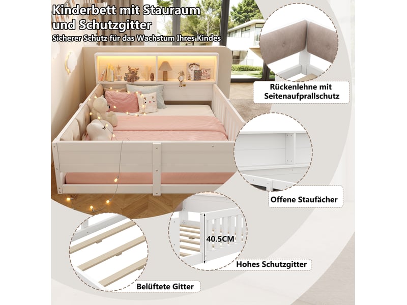  Lit enfant 140 × 200 cm 2 places avec barrières, led multicolore et rangements, sans matelas, blanc  - Conforama E