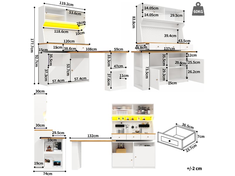  Buffet de cuisine modenvie 137 x 45 x 178 cm blanc avec led, 2 portes, 3 tiroirs, tablette extensible, mdf et métal  - Conforama C