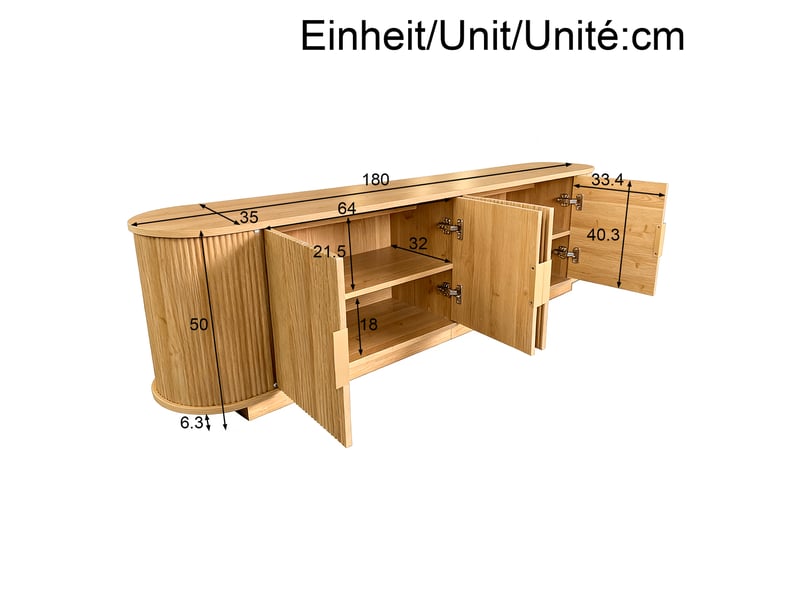  Meuble tv 4 portes avec rangement et façade ondulée - poignées métal, mdf et panneaux de particules naturel 180 × 35 × 50 cm  - Conforama D