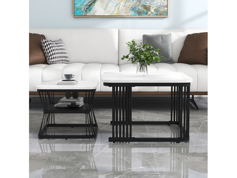 Table basse 2 pièces 65x65x45+45x45x39,5 cm mdf effet marbre(matériau non marbré), pieds acier noir mat, blanc - Conforama D