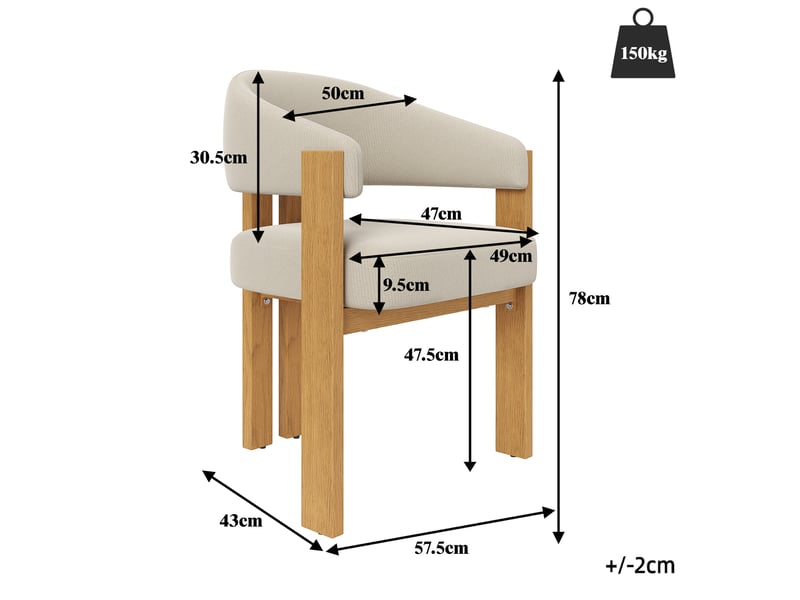  Lot de 6 chaises de salle à manger beige, dossier ergonomique, assise rembourrée, pieds métal effet bois naturel, patins réglables, charge 150 kg  - Conforama E