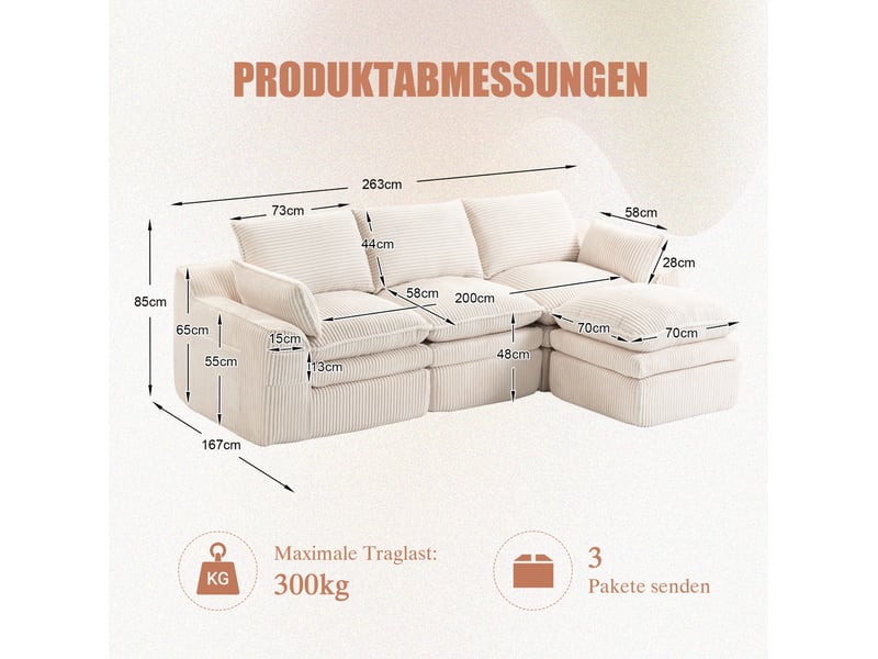  Canapé 3 places ulevr modulable avec pouf, poches latérales et coussins, velours côtelé beige, 263 x 167 x 85 cm  - Conforama C