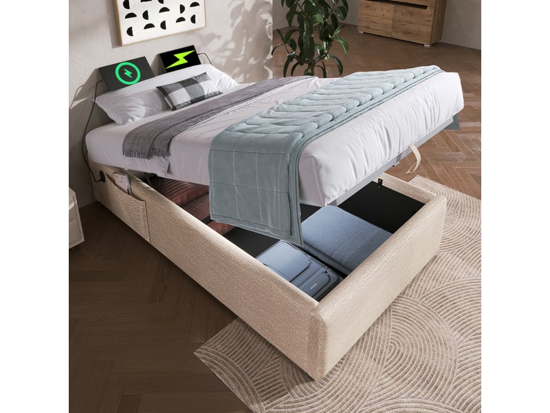  Lit coffre 90x200 cm - lit simple avec coffre de rangement et usb-c, structure métal et lin, beige, sans tête de lit  - Conforama B