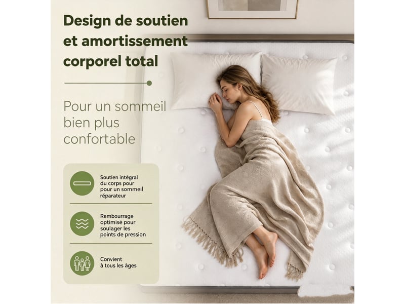  Matelas 90x200cm h3, 25cm, ressorts ensachés 7 zones, mousse confort, ergonomique, oeko-tex  - Conforama D