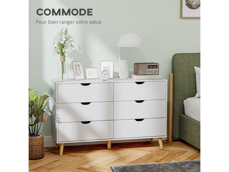 Commode 6 tiroirs meuble de rangement 5 pieds biseautés en bois  blanc 120 x 40 x 76 cm  - Conforama A