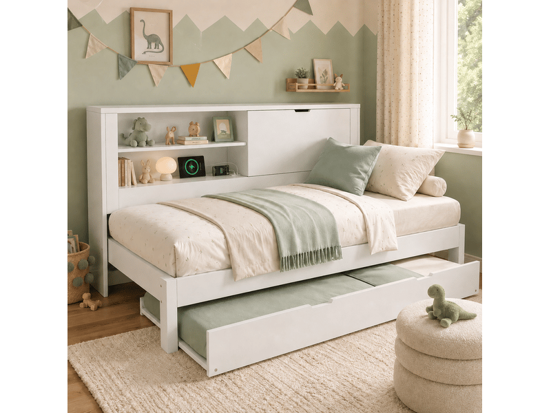  Lit gigogne 90x190 cm, lit enfant avec rangement mural ouvert et fermé, ports usb, sommier, mdf, blanc, sans matelas  - Conforama W