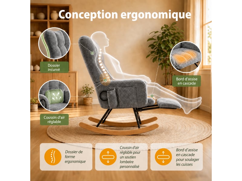  Chaise à bascule ergonomique en tissu chenille gris clair avec repose‑pieds rétractable, poche de rangement, structure métal et bois massif, charge 120 kg  - Conforama R