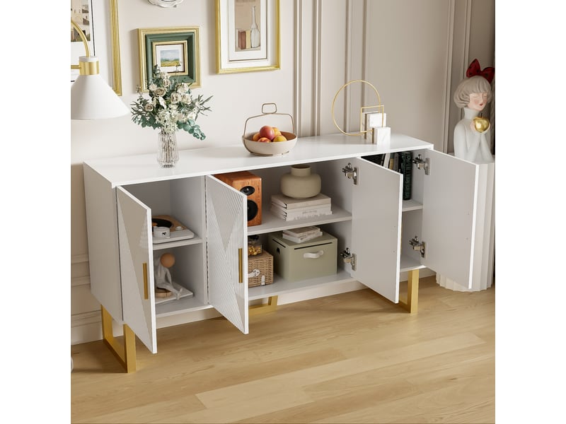  Buffet blanc, rangement, fermeture douce, étagères réglables, plan relevable, design moderne - 150x40x82cm - salon et salle à manger  - Conforama B