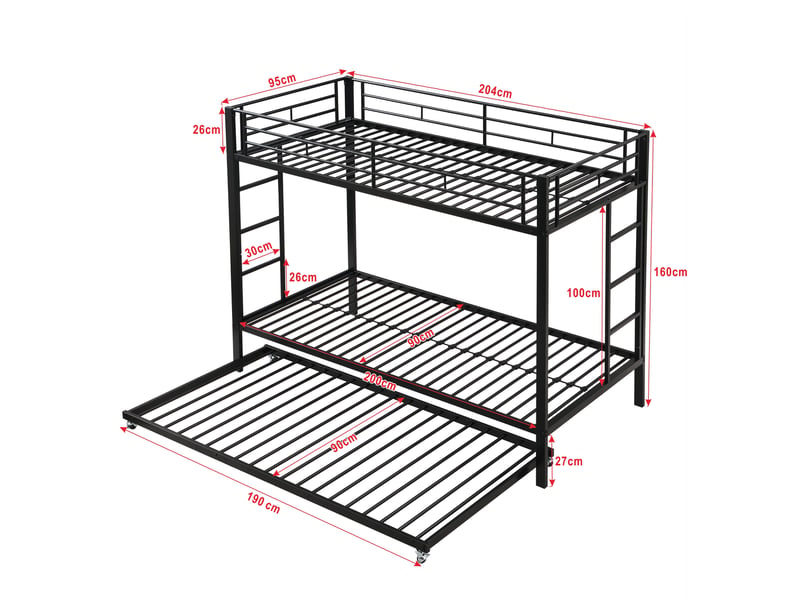  Lit superposé enfant 90x200 cm avec lit gigogne 90x190 cm, structure en métal noir pour chambre partagée  - Conforama C