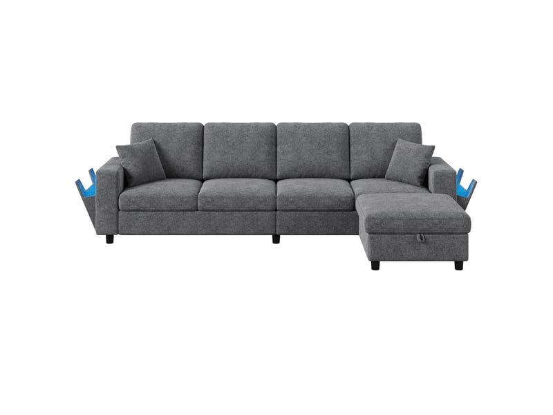 Canapé d'angle 4 places modulable avec pouf coffre, accoudoir led, ports usb et type c, en polyester gris, 282 × 153 × 82 cm - Conforama A