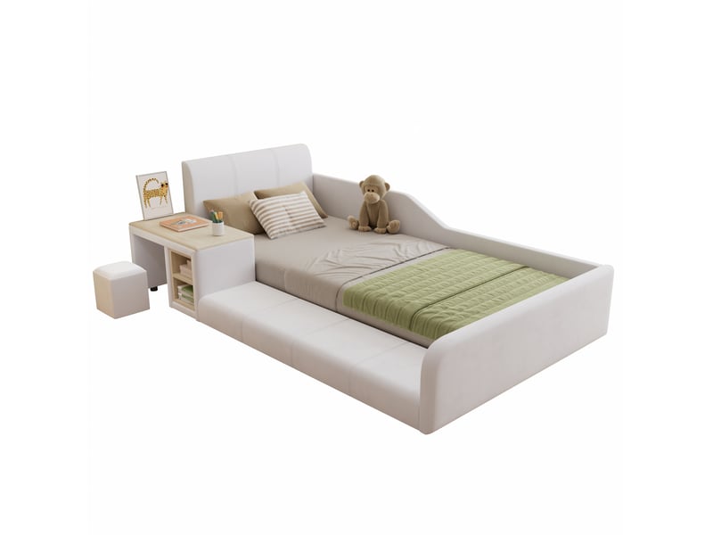  Lit enfant 90x200 cm en velours blanc avec bureau, tabouret et étagère  - Conforama A