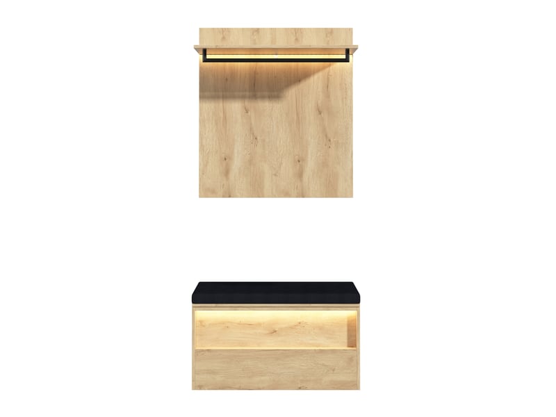  Set d'entrée porte-manteau mural et banc à chaussures 90x47x145 cm, avec led, mdf, bois clair  - Conforama E