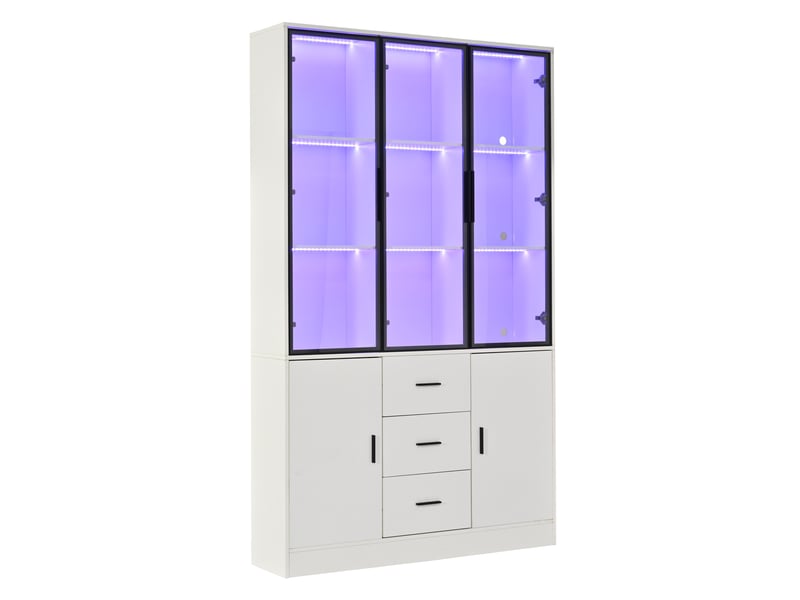  Vitrine haute 120x30x200 cm – blanc mat – 5 portes, 3 tiroirs et éclairage led rgb bluetooth intégré  - Conforama D