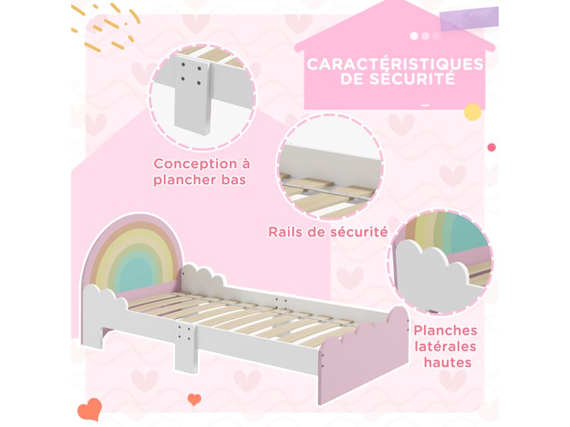  Lit pour enfants de 3 à 6 ans design arc-en-ciel sommier à lattes inclus chambre moderne rose 143 x 74 x 66 cm  - Conforama E