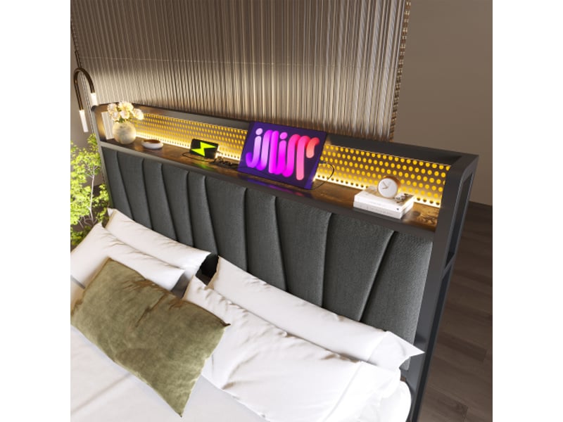 Lit adulte 180x200cm, lit coffre, lit double, avec led, usb, espace de rangement de tête de lit, lin gris, sans matelas - Conforama E