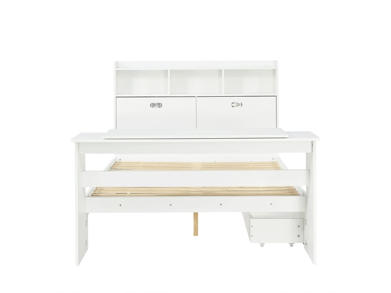 Lit ado 140 x 200 cm rangement intégré étagère de tête de lit tiroir coulissant table rabattable réglable montage flexible des tiroirs aspect bois blanc - Conforama A