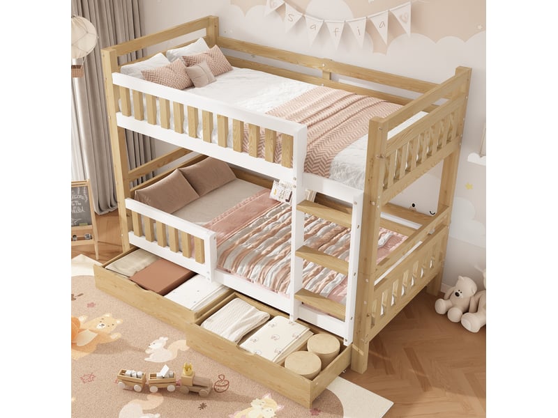  Lit superposé enfant 90x200 cm avec 2 tiroirs, transformable en 2 lits simples bois couleur blanc et naturel sans matelas  - Conforama E
