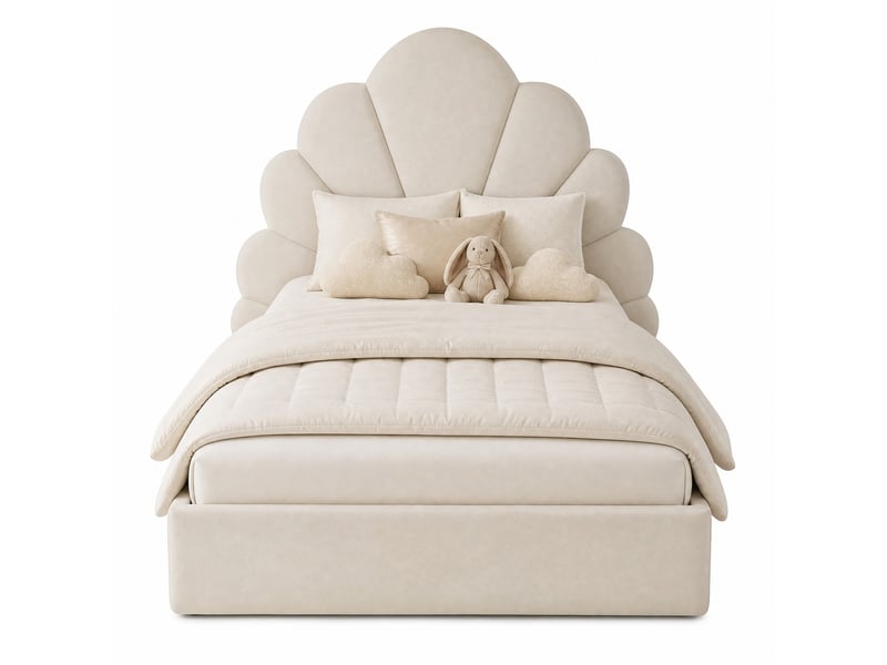  Lit simple capitonné 90x200 cm en velours beige à tête de lit pétales  - Conforama A