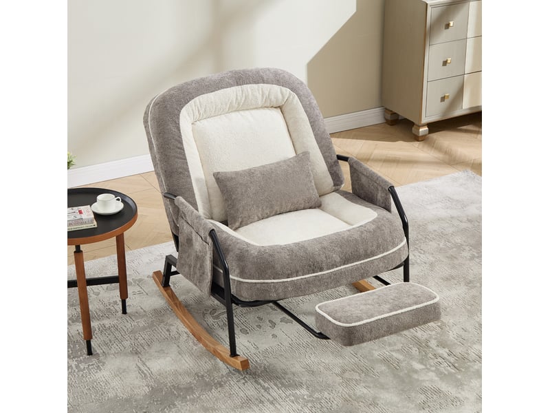  Fauteuil à bascule inclinable avec repose-pieds coulissant, poche latérale et coussin en fausse fourrure gris clair  - Conforama E