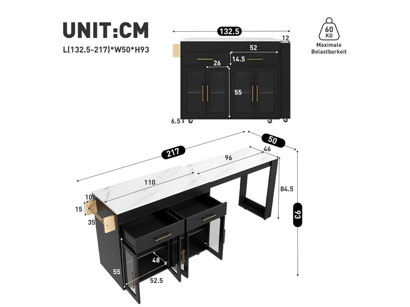 Desserte de cuisine mobile 132,5-217x50x93 cm, table bar extensible, roulettes, portes vitrées, tiroirs, rangement cuisine - noir - Conforama C