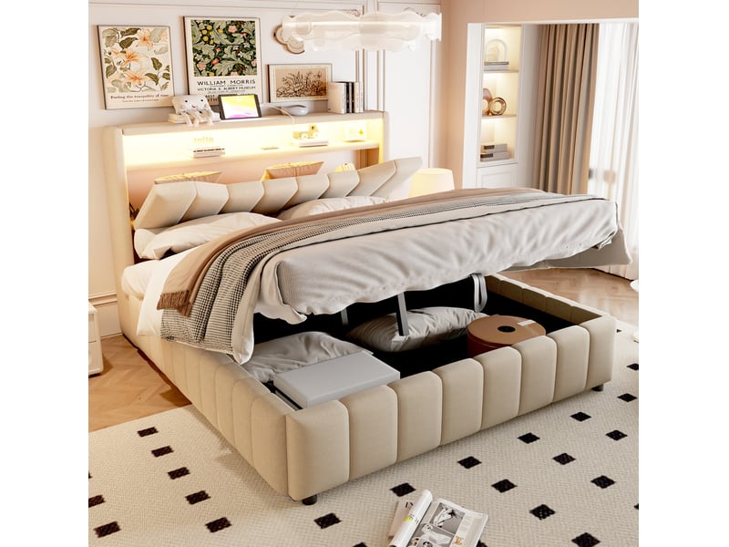  Lit coffre 140x200 cm avec sommier, rangement hydraulique, led et usb beige  - Conforama E