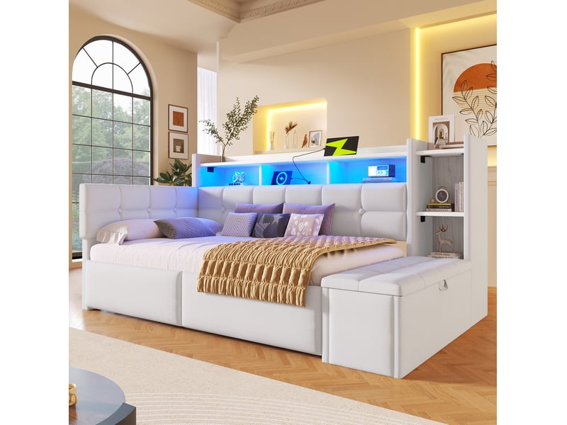  Lit banquette 90x190 cm en velours blanc avec deux tiroirs, rangements, led multicolores et ports usbtype-c ORFRWX001045AAK - Conforama E