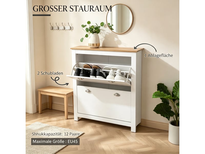  Meuble à chaussures 2 abattants mdf coloris chêne et blanc 79x23x90,5 cm  - Conforama D