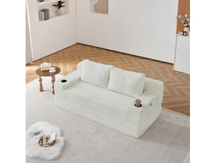 Canapé droit convertible 2 places blanc en velours, avec porte-gobelets, pour vos moments de détente
