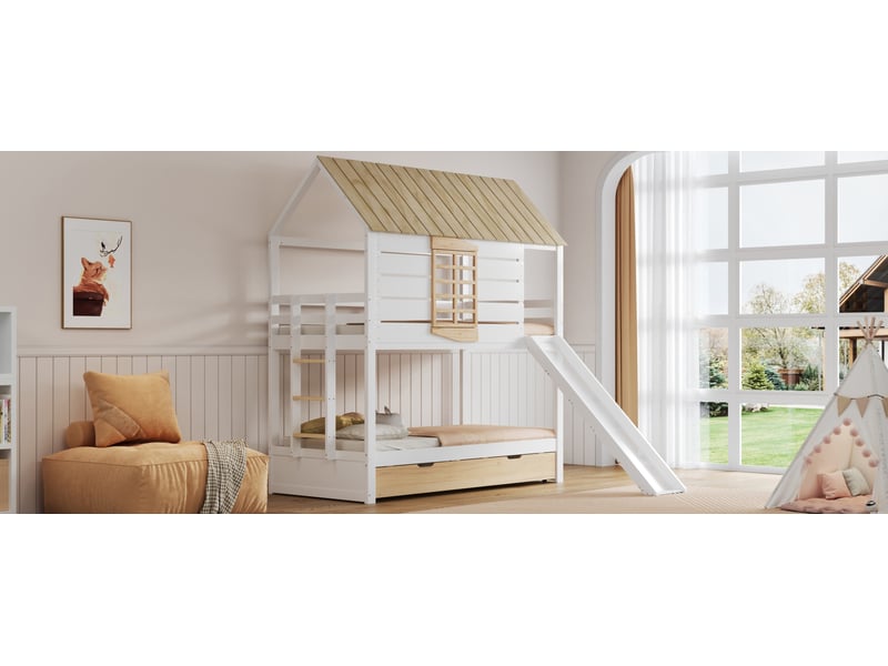  Lit superposé 90x200 cm avec toboggan et lit gigogne, maison, en bois, blanc et naturel  - Conforama D