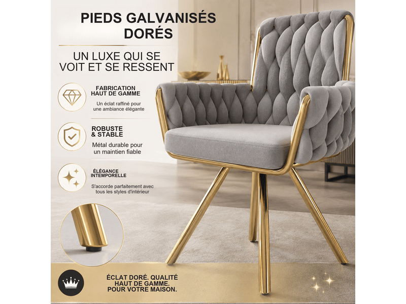  Lot de 6 chaises de salle à manger pivotantes 360° en velours gris, dossier haut, accoudoirs et pieds métal dorés  - Conforama E