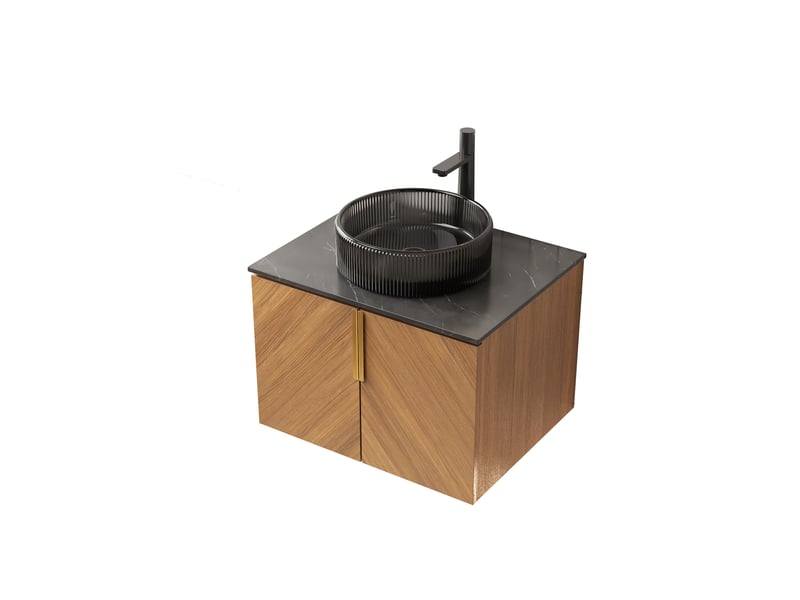  Meuble vasque mural avec 2 portes en pierre frittée noir et chêne brun chicfurn  - Conforama A