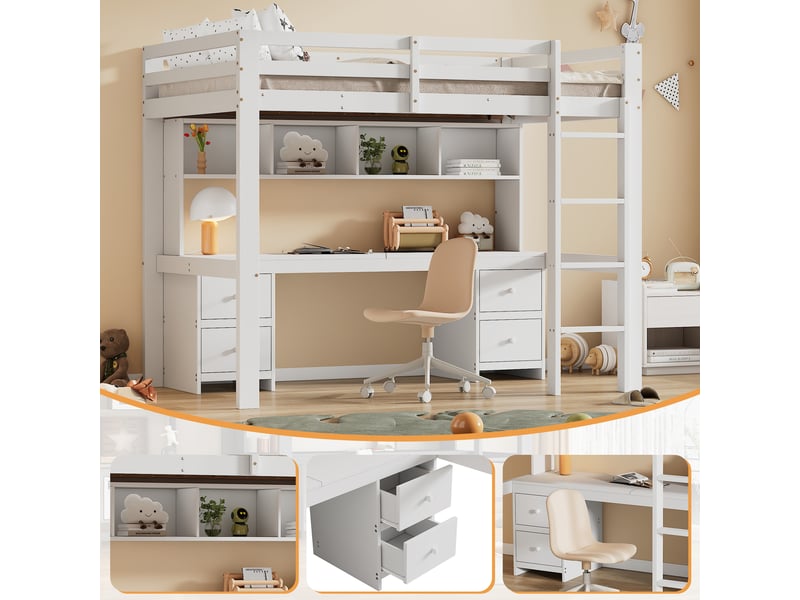  Lit mezzanine,90x200 cm,avec bureau et rangement,pin et mdf,blanc  - Conforama E