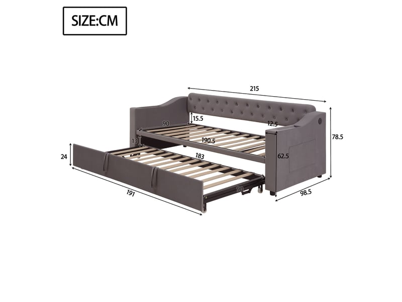  Canapé-lit capitonné 90 ou 180*190 cm avec accoudoirs larges, usb, rangements et lattes, velours gris foncé doux  - Conforama B