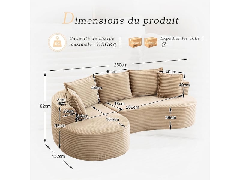 Canapé incurvé en velours côtelé avec rangements 250 cm - porte-gobelets et coussins inclus - Conforama C