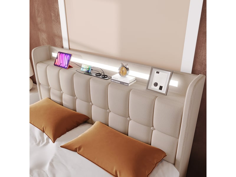 Lit avec tiroirs lit rembourré recharge usb tête de lit et éclairage led et 4 tiroirs lit double 140x200 cm lits de rangement beige  - Conforama D